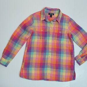 Lands' End Rainbow Madras Plaid Button Down Linen Shirt, Size XS (runs big)